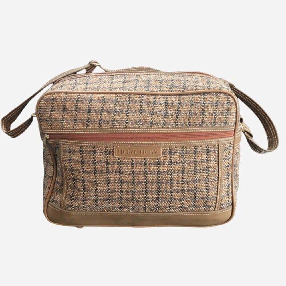 Horchow Brown/Beige/Black Tweed Overnight/Carryon Travel Bag 15"x12"x6"